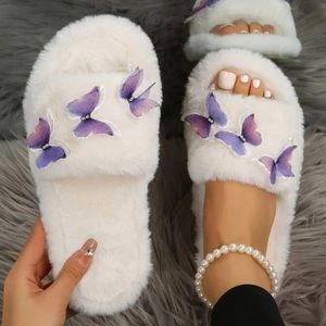 Butterfly Decor Fuzzy Novelty Slippers White Furry Faux Fur Purple y2k new 8